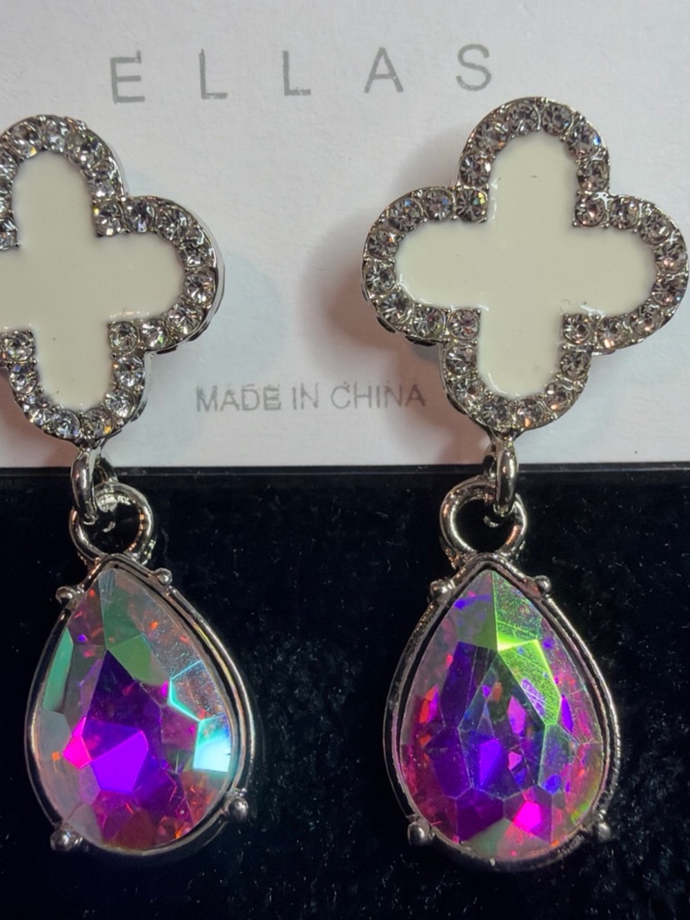 Ella White Clover Earrings with Iridescent Teardrops